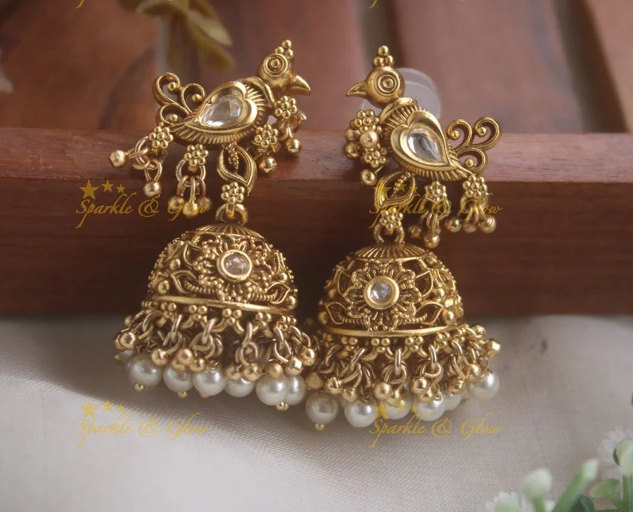 Elegant Parrot Floral Jhumuka with Pearls - Sparkle and Glow