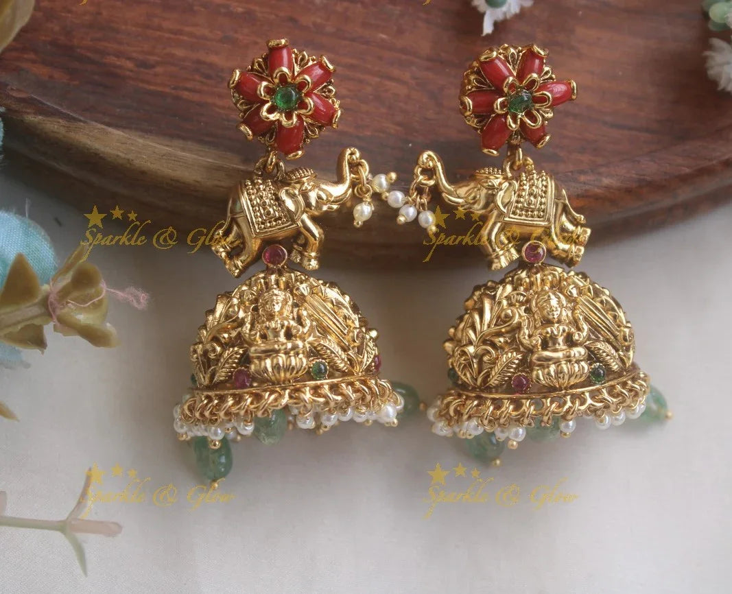 Idol Lakshmi Elephant Carved Coral flower Studded jhumukas - Sparkle and Glow