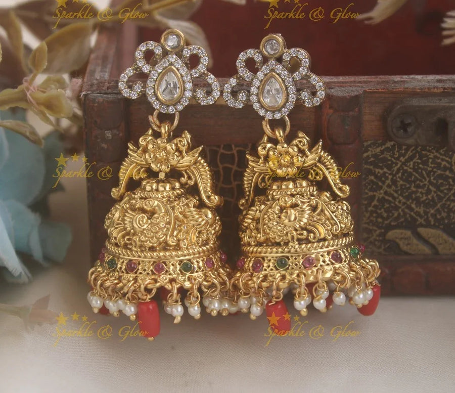 Sparkling Peacock and Crown design jhumukas with pearl mint green beads - Sparkle and Glow