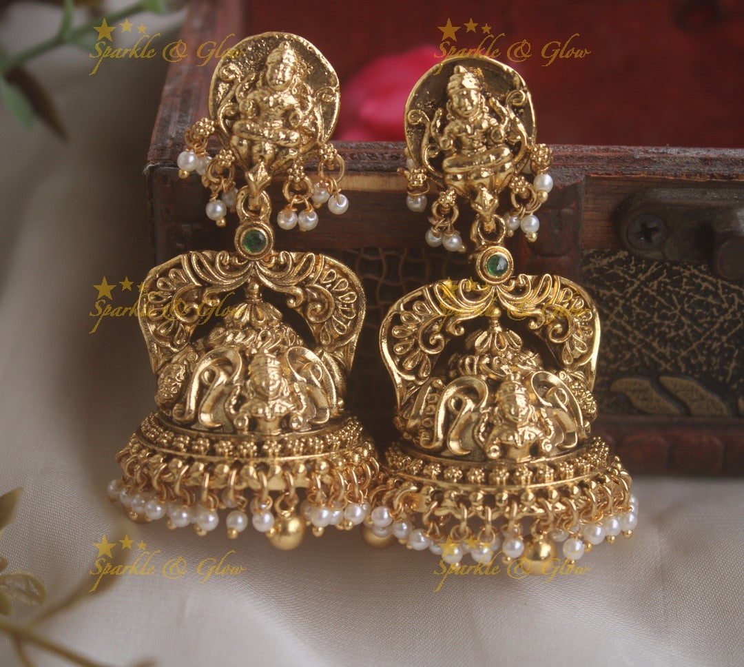 Idol Lakshmi Studded crown design jhumukas with pearls