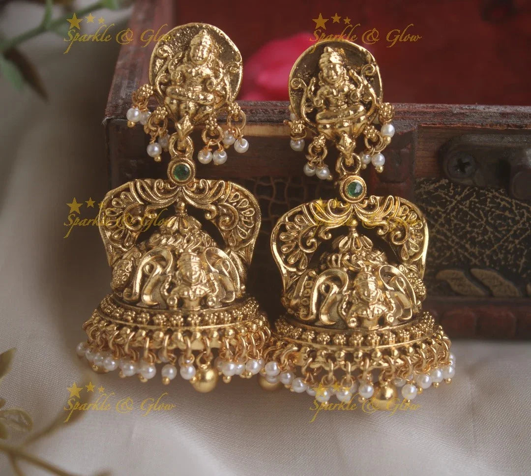Idol Lakshmi Studded crown design jhumukas with pearls - Sparkle and Glow