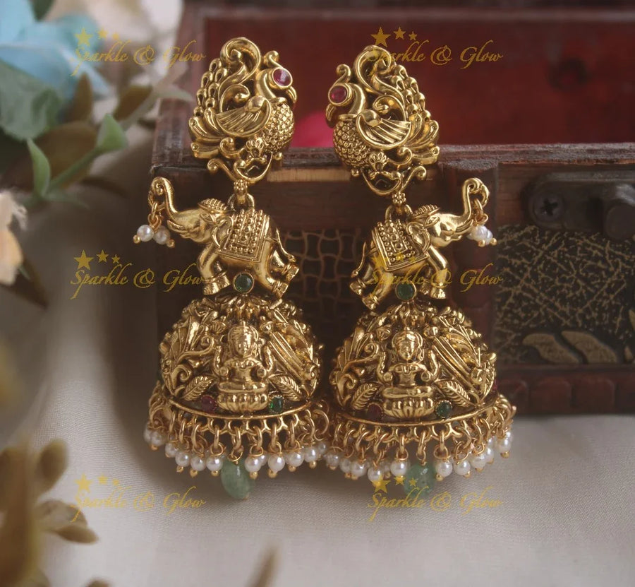 Sparkling peacock studded lakshmi elephant jhumukas with pearls - Sparkle and Glow
