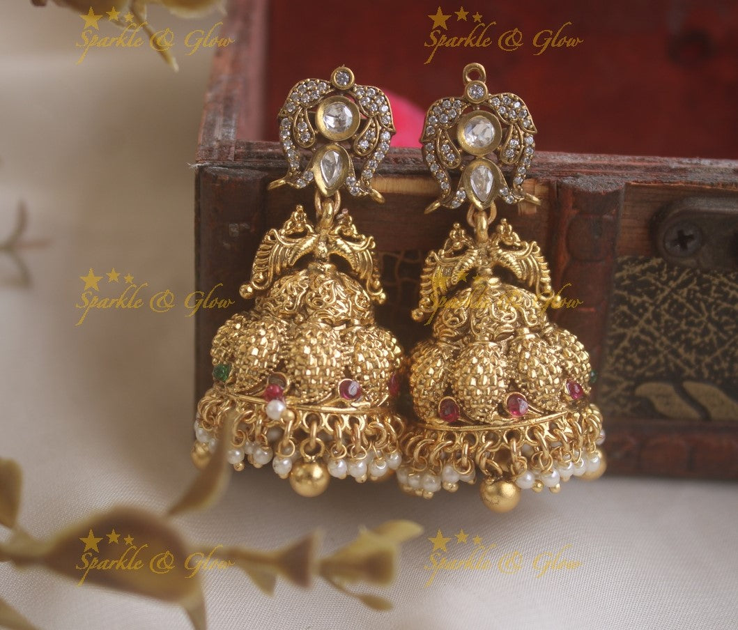 Stunning Crown Studded Peacock mango Jhumukas with Pearls