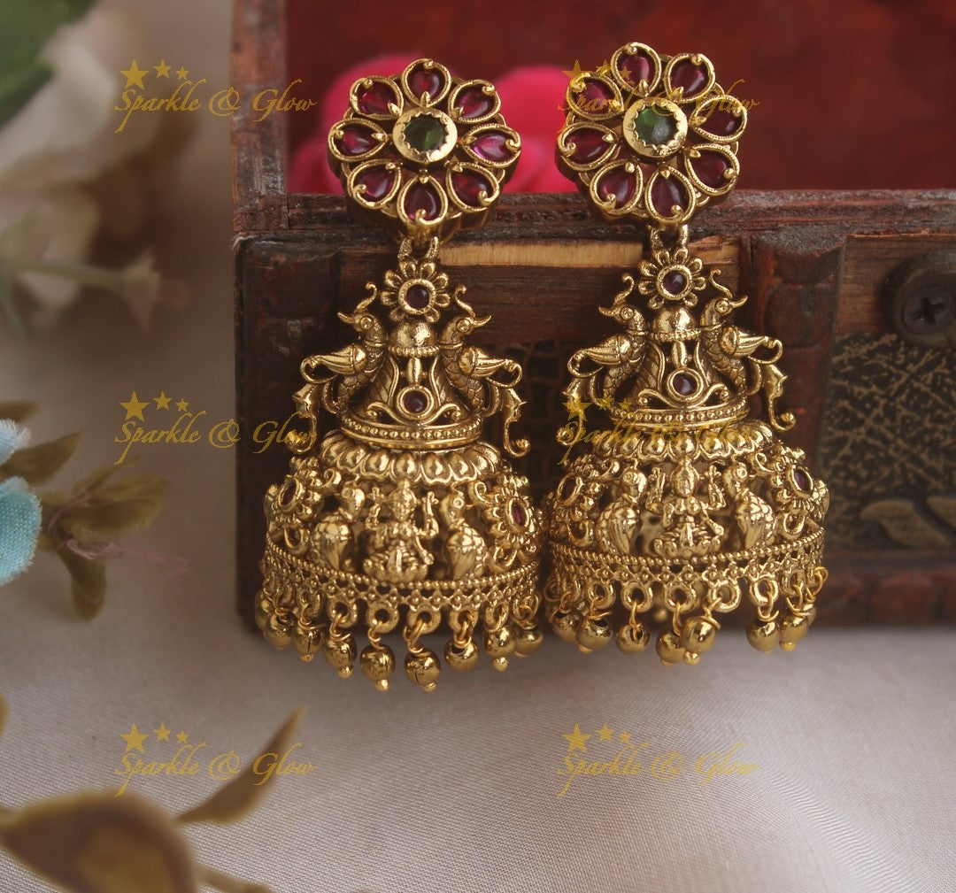 Kemp Flower Studded Lakshmi Peacock Jhumukas With Gold Beads