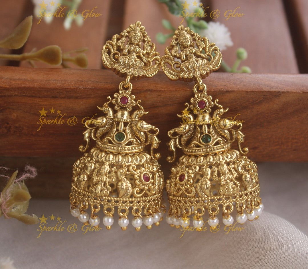 Idol Lakshmi Studded Peacock Floral Jhumukas with Pearls