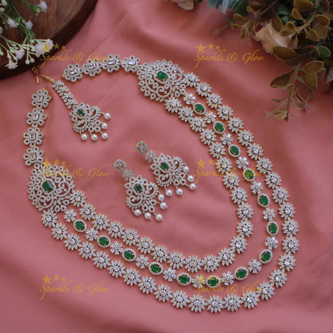 Gorgeous Floral American diamond long layer necklace with maang tikka with emerald and pearls - Sparkle and Glow