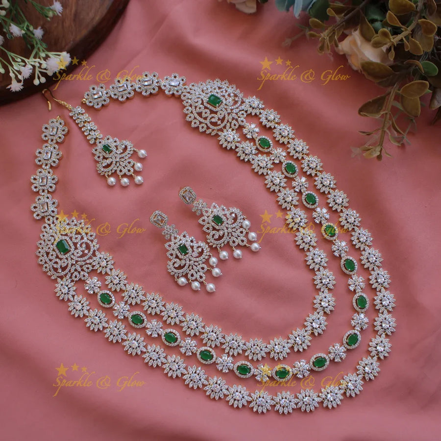 Gorgeous Floral American diamond long layer necklace with maang tikka with emerald and pearls - Sparkle and Glow