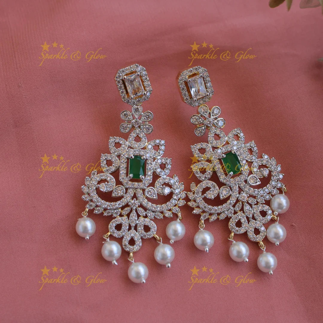 Gorgeous Floral American diamond long layer necklace with maang tikka with emerald and pearls - Sparkle and Glow