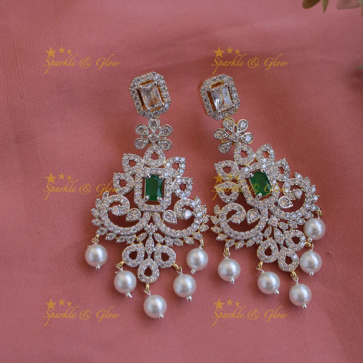 Gorgeous Floral American diamond long layer necklace with maang tikka with emerald and pearls - Sparkle and Glow