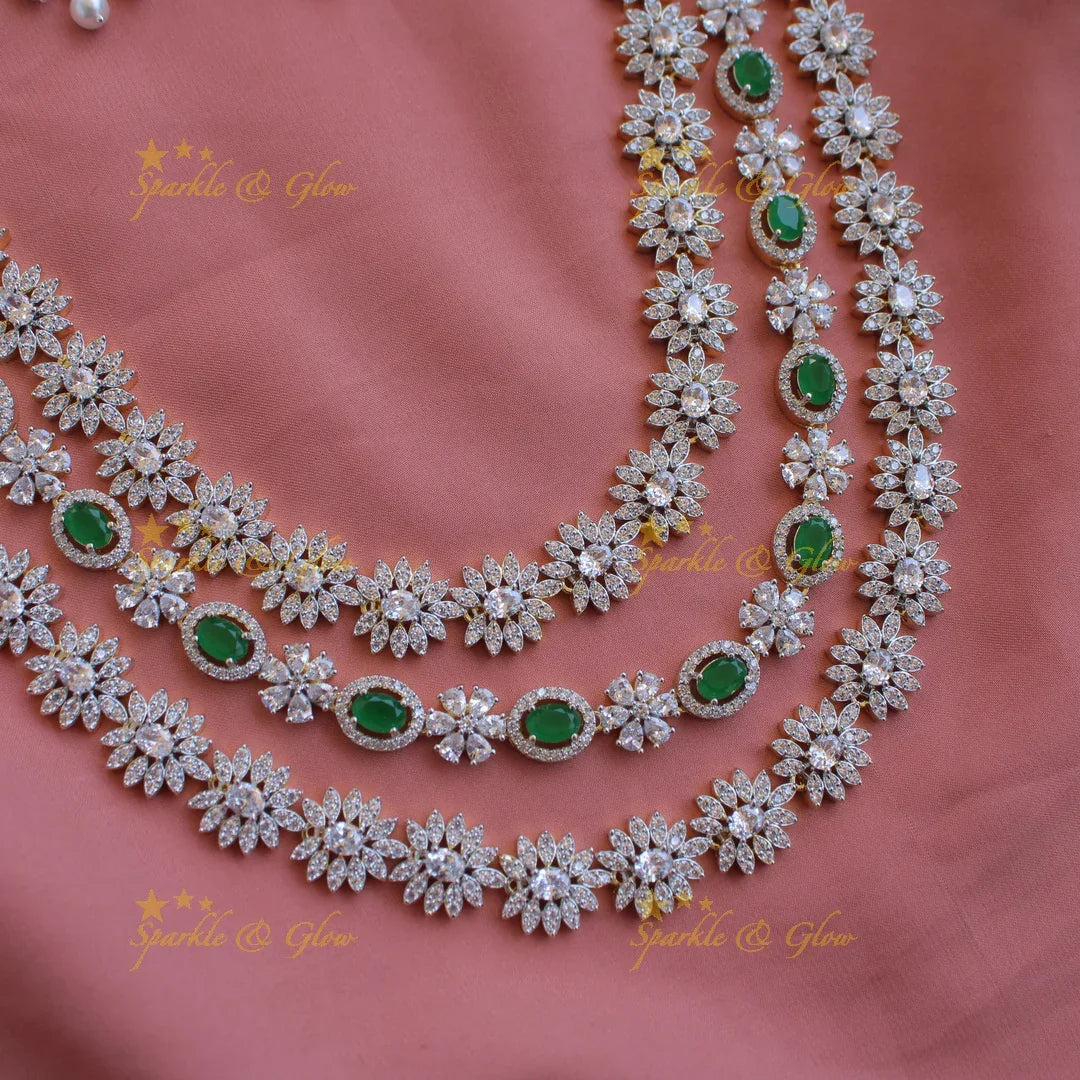 Gorgeous Floral American diamond long layer necklace with maang tikka with emerald and pearls - Sparkle and Glow