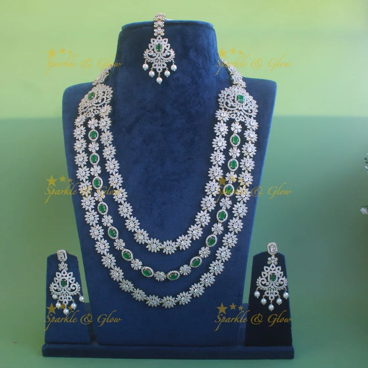 Gorgeous Floral American diamond long layer necklace with maang tikka with emerald and pearls - Sparkle and Glow