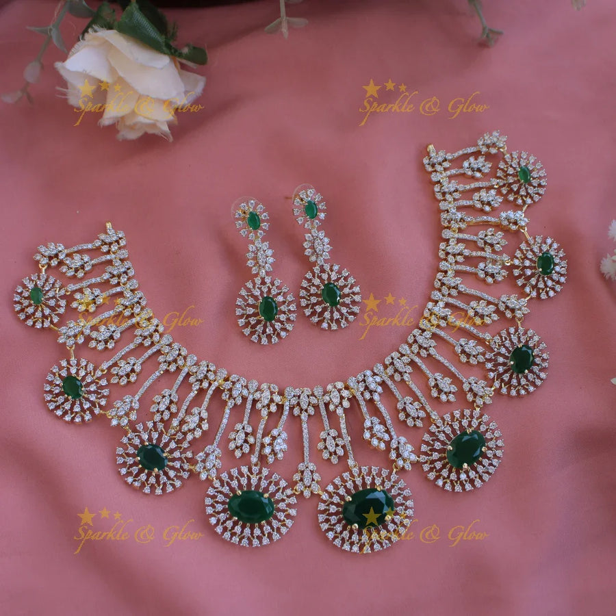 Beautiful Floral design American diamond Short necklace with Green stone - Sparkle and Glow