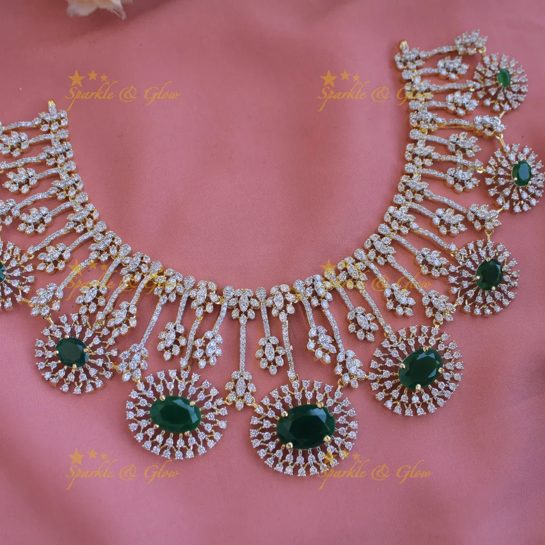 Beautiful Floral design American diamond Short necklace with Green stone - Sparkle and Glow