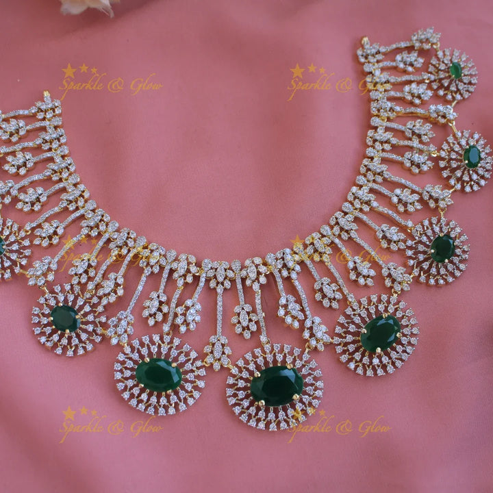 Beautiful Floral design American diamond Short necklace with Green stone - Sparkle and Glow