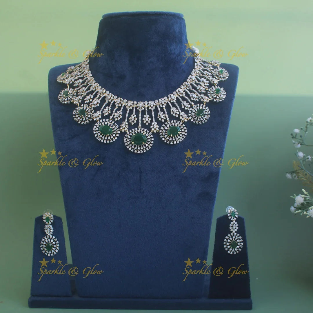 Beautiful Floral design American diamond Short necklace with Green stone - Sparkle and Glow