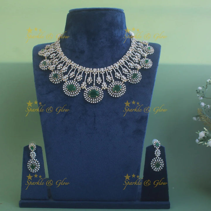 Beautiful Floral design American diamond Short necklace with Green stone - Sparkle and Glow