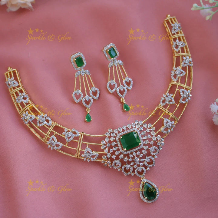 Elegant Flower design American diamond Short necklace with Green stone - Sparkle and Glow