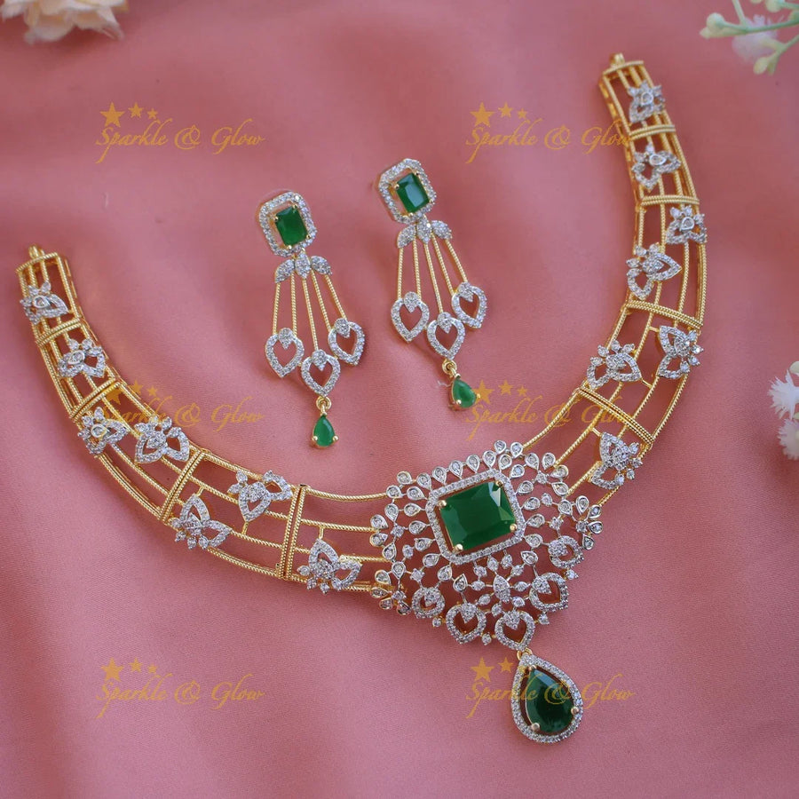 Elegant Flower design American diamond Short necklace with Green stone - Sparkle and Glow