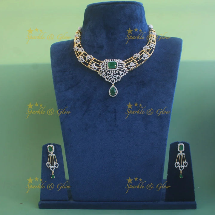 Elegant Flower design American diamond Short necklace with Green stone - Sparkle and Glow