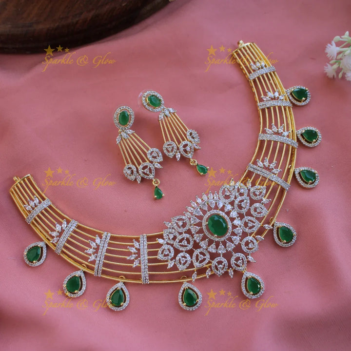 Beautiful Flower design American diamond Short necklace with Green stone - Sparkle and Glow