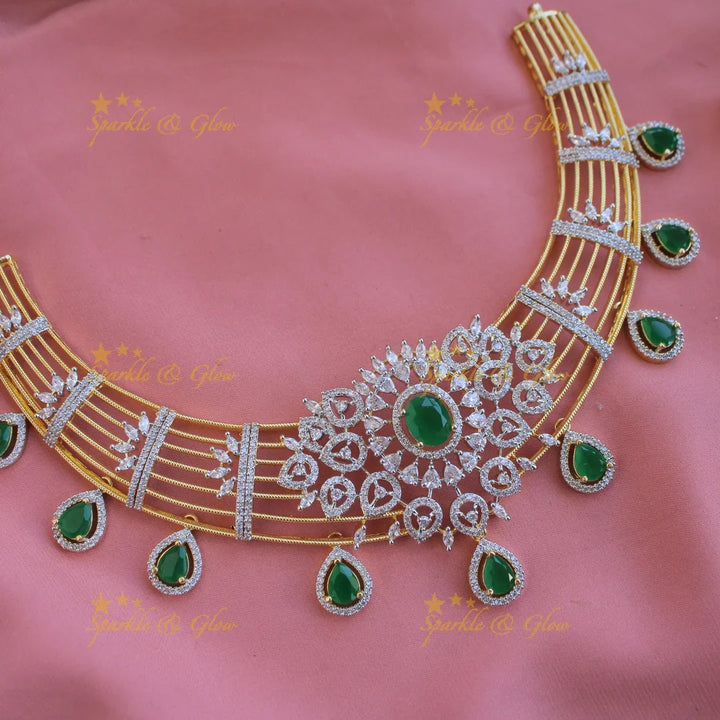Beautiful Flower design American diamond Short necklace with Green stone - Sparkle and Glow