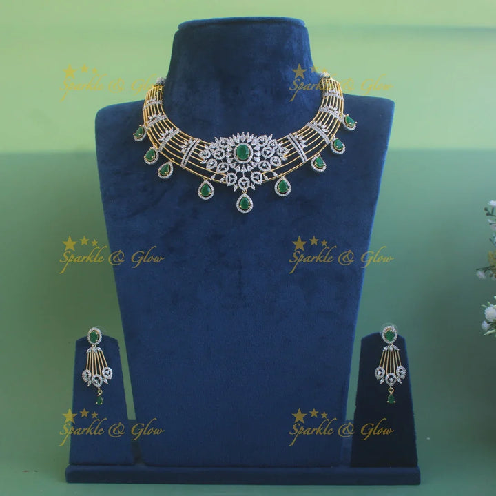 Beautiful Flower design American diamond Short necklace with Green stone - Sparkle and Glow