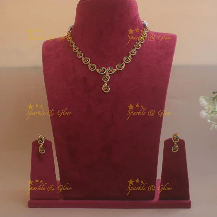 Statement Unique design AD short necklace with emeralds - Sparkle and Glow