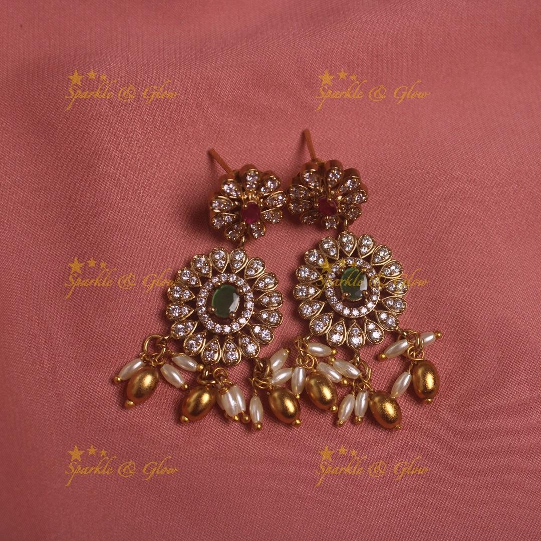 Gorgeous Tribal and floral design AD short necklace with emeralds rice pearls and gold beads - Sparkle and Glow