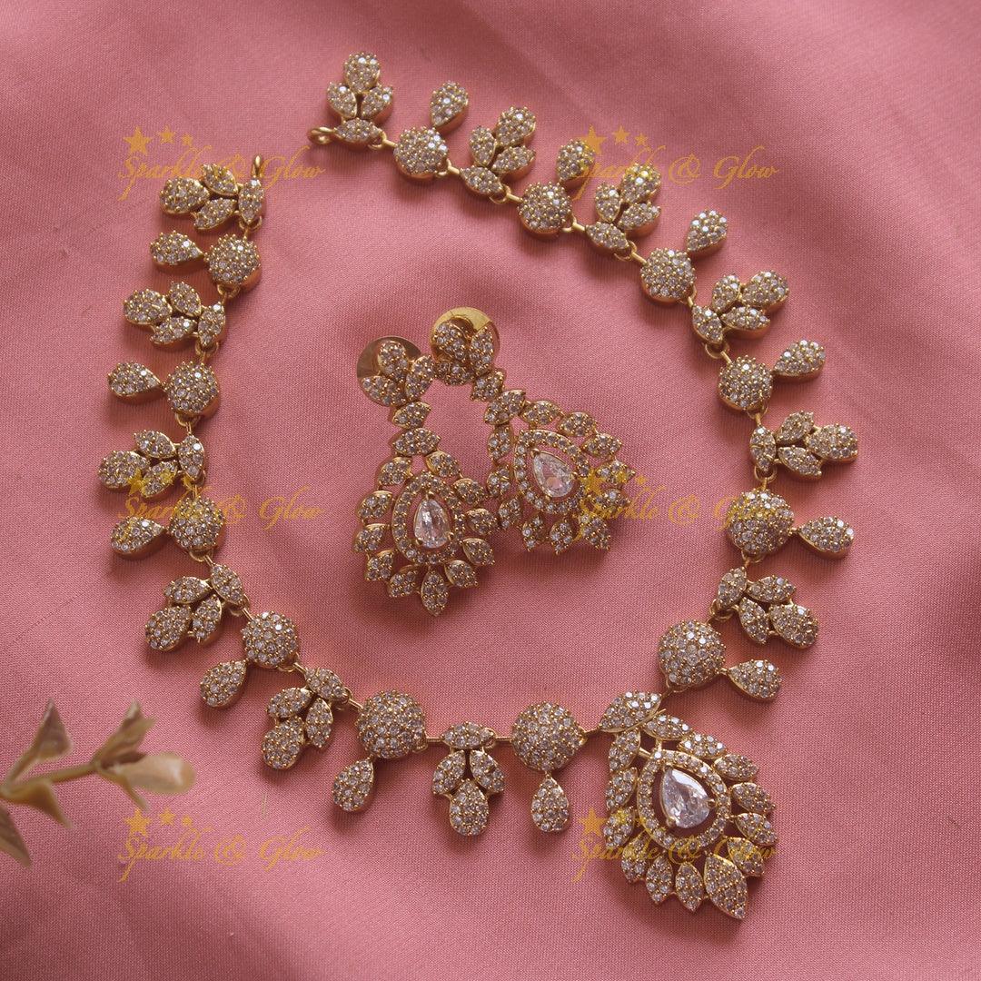 Beautiful Floral leaflet design AD short necklace with stone - mint green - Sparkle and Glow