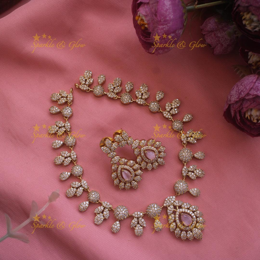Beautiful Floral leaflet design AD short necklace with stone - mint green - Sparkle and Glow