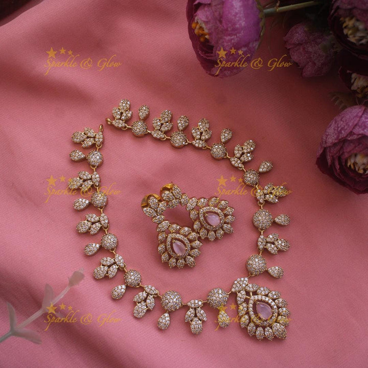 Beautiful Floral leaflet design AD short necklace with stone - mint green - Sparkle and Glow