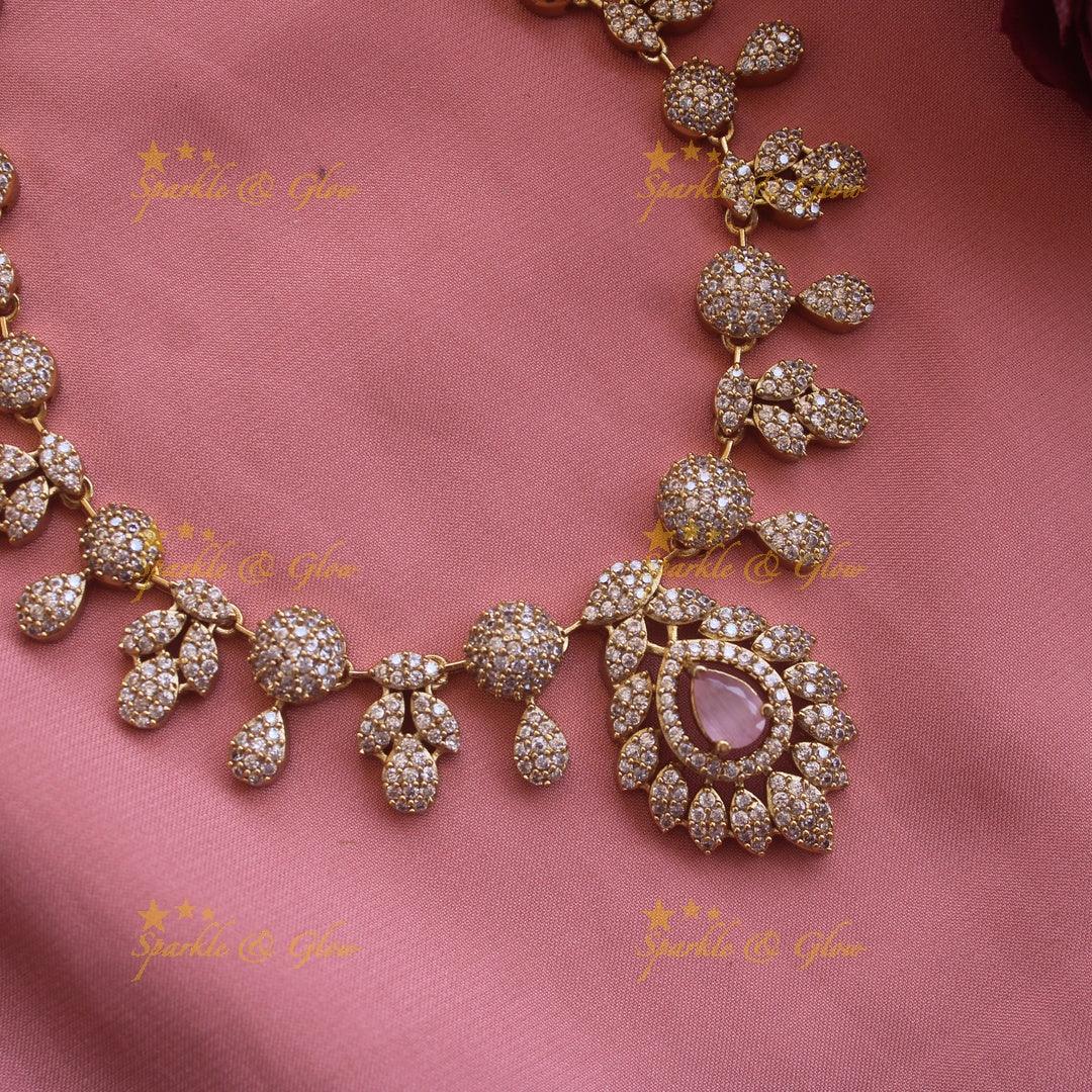 Beautiful Floral leaflet design AD short necklace with stone - mint green - Sparkle and Glow