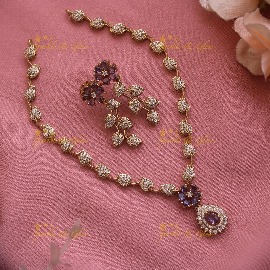 Flower pendant leaf design AD short necklace with purple stones - Sparkle and Glow