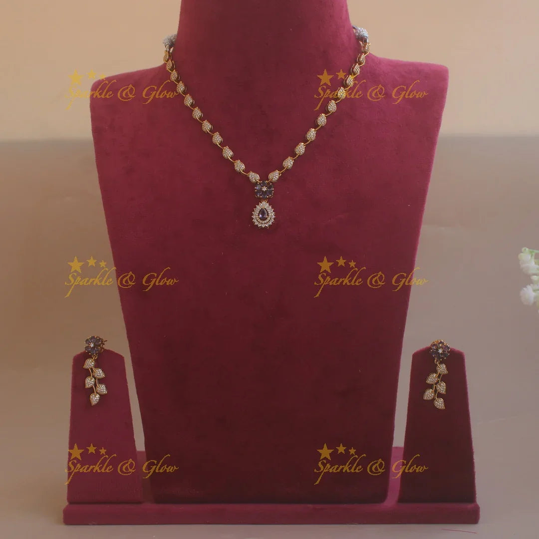 Flower pendant leaf design AD short necklace with purple stones - Sparkle and Glow
