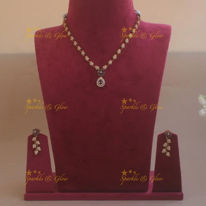 Flower pendant leaf design AD short necklace with purple stones - Sparkle and Glow
