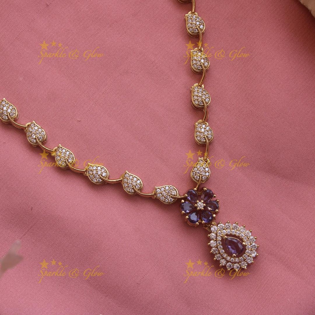 Flower pendant leaf design AD short necklace with purple stones - Sparkle and Glow