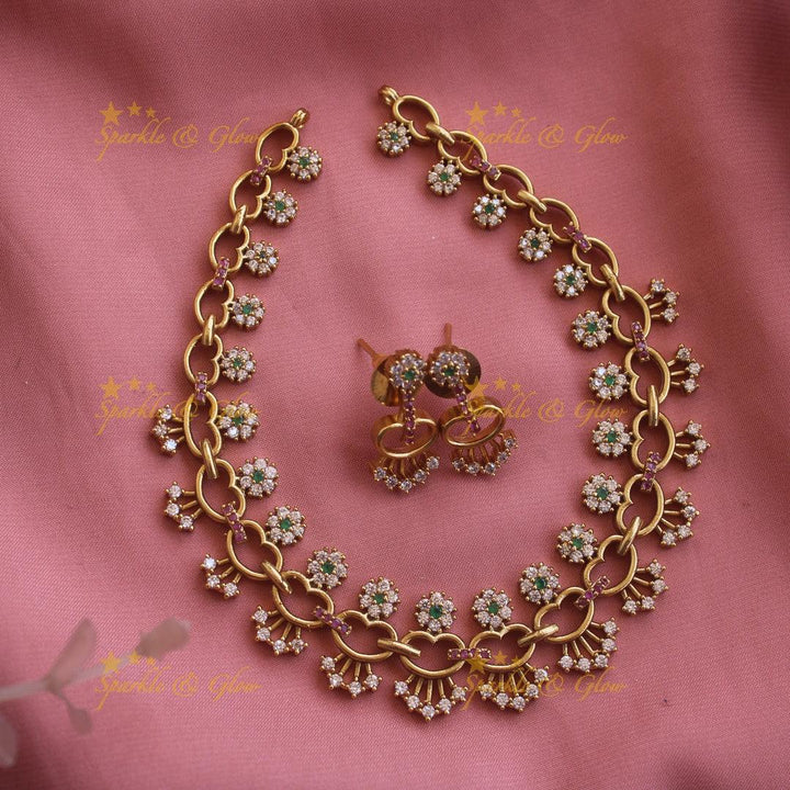 Exclusive Floral and heart design AD short necklace with ruby and emeralds - Sparkle and Glow