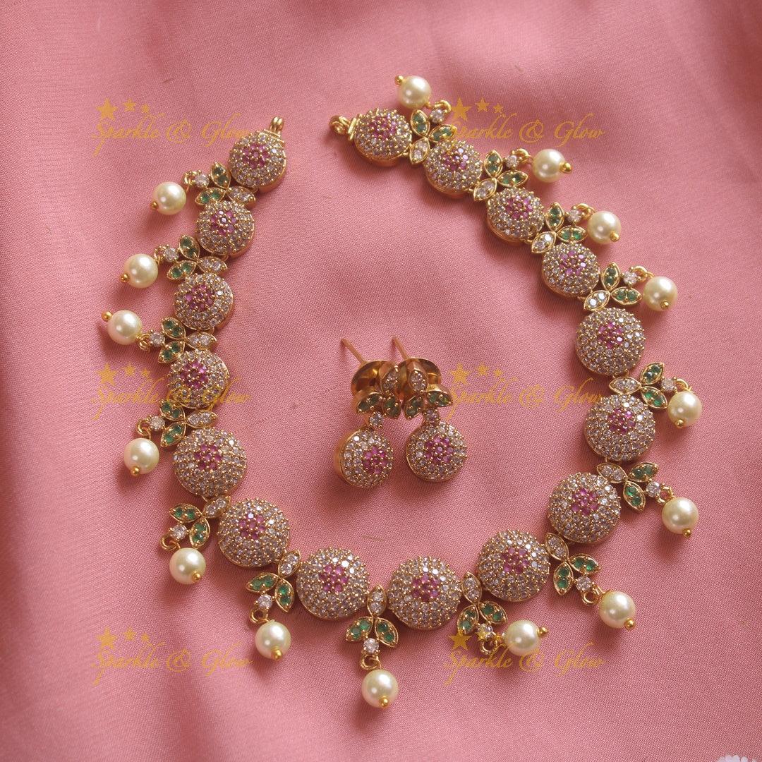 Sphere and floral leaflet design AD short necklace with ruby emerald and pearl drops - Sparkle and Glow