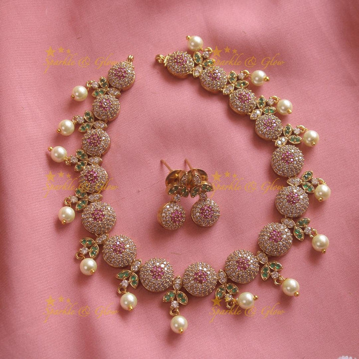 Sphere and floral leaflet design AD short necklace with ruby emerald and pearl drops - Sparkle and Glow