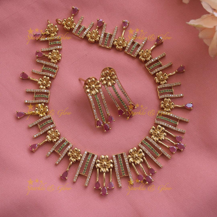 Statement Floral and spike design AD short necklace with ruby stone drops - Sparkle and Glow