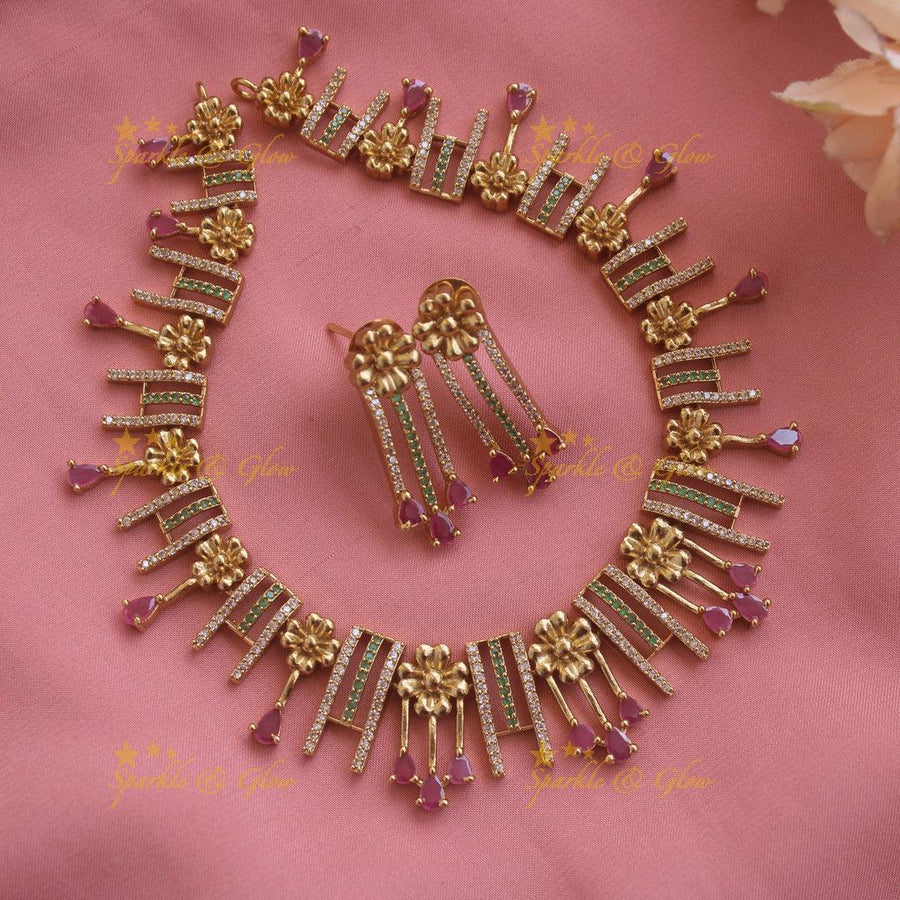 Statement Floral and spike design AD short necklace with ruby stone drops - Sparkle and Glow
