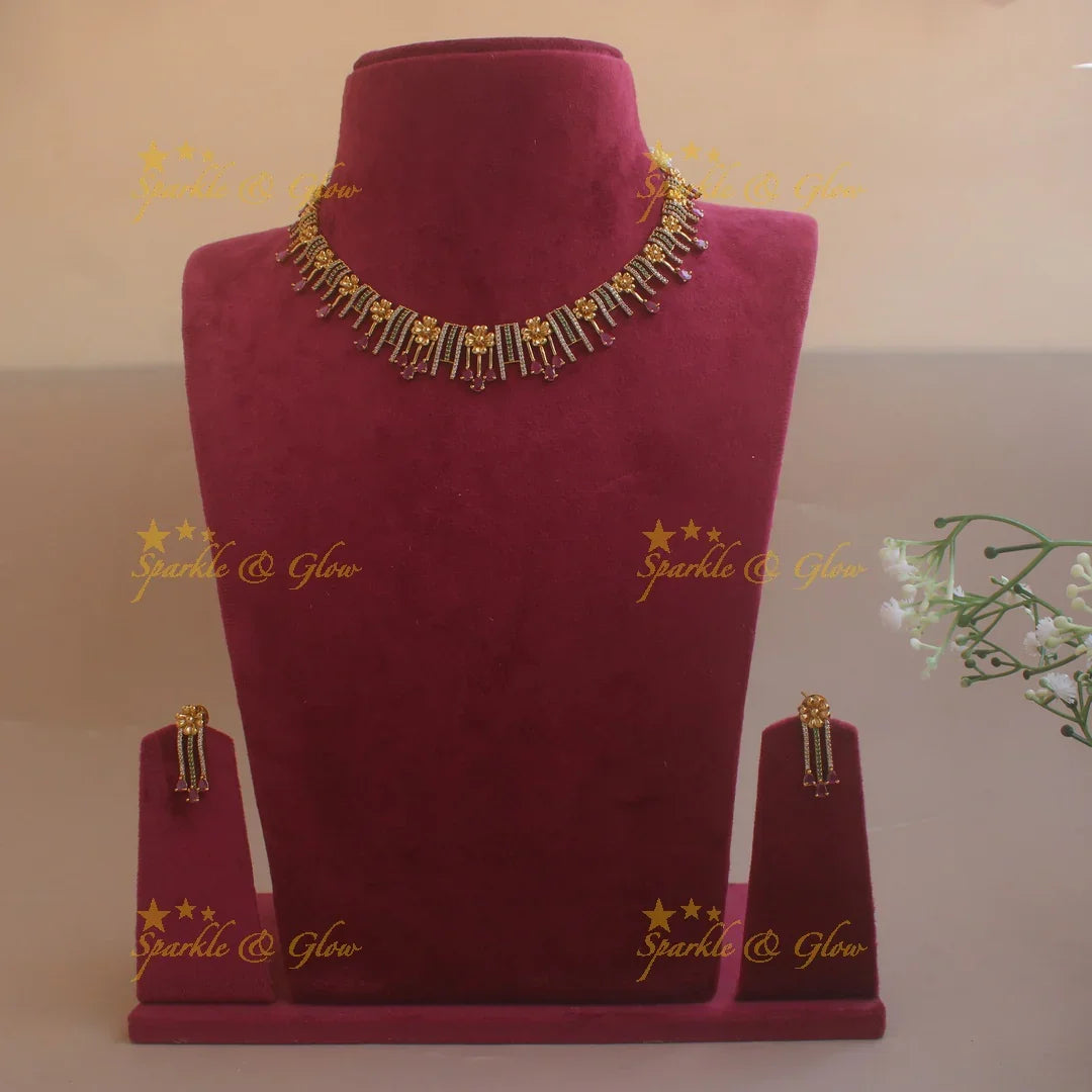 Statement Floral and spike design AD short necklace with ruby stone drops - Sparkle and Glow