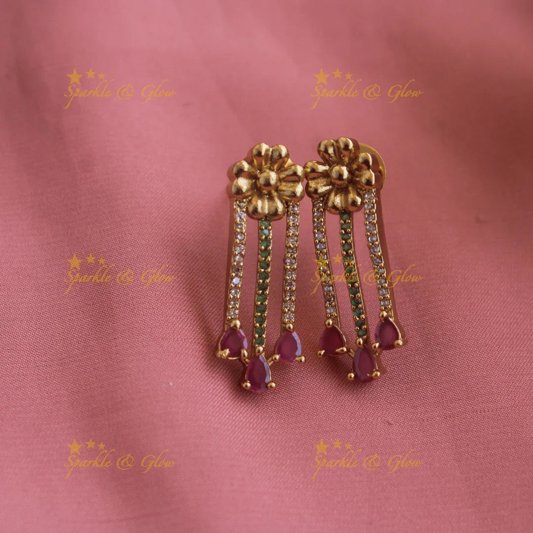 Statement Floral and spike design AD short necklace with ruby stone drops - Sparkle and Glow