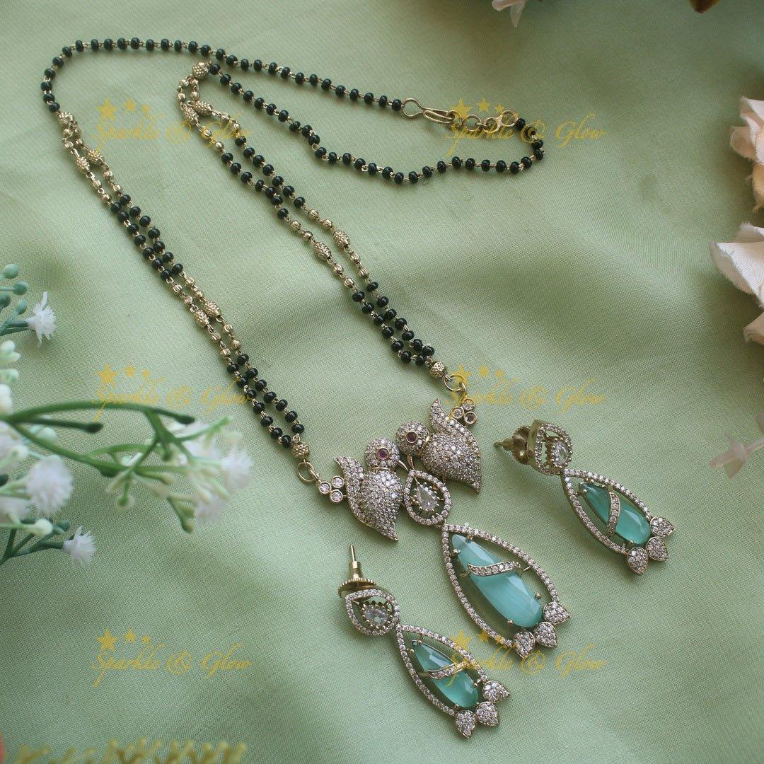 Elegant Parrot design oval stone pendant black beads necklace, mangalsutra - mint green - Sparkle and Glow