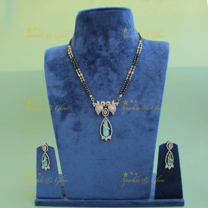 Elegant Parrot design oval stone pendant black beads necklace, mangalsutra - mint green - Sparkle and Glow