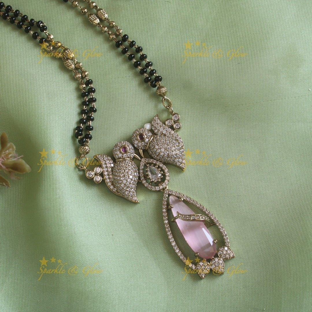 Elegant Parrot design oval stone pendant black beads necklace, mangalsutra - mint green - Sparkle and Glow