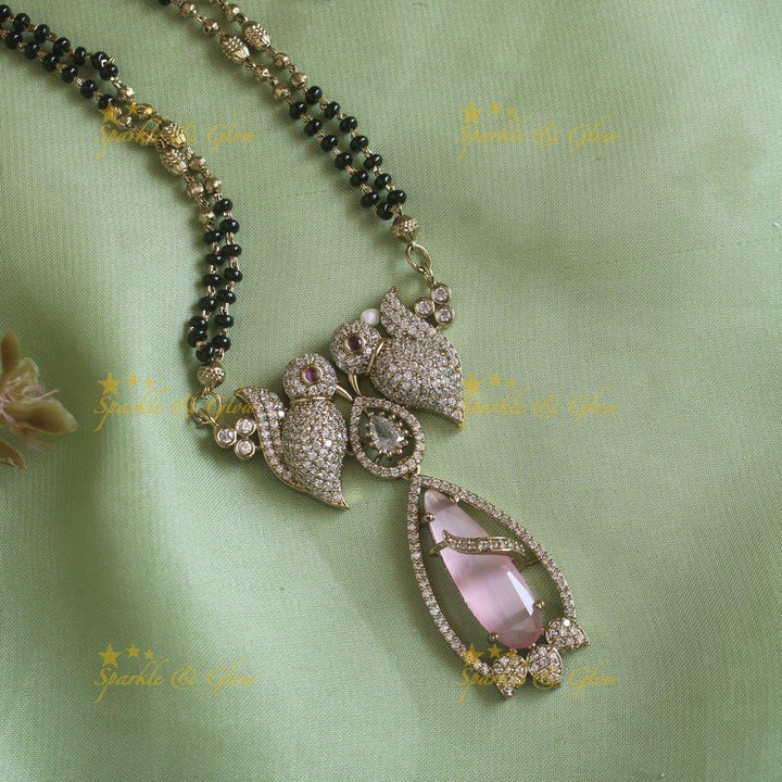 Elegant Parrot design oval stone pendant black beads necklace, mangalsutra - mint green - Sparkle and Glow
