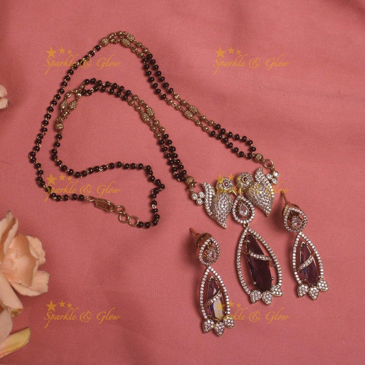 Elegant Parrot design oval stone pendant black beads necklace, mangalsutra - mint green - Sparkle and Glow