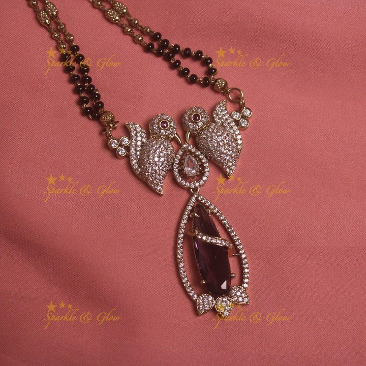Elegant Parrot design oval stone pendant black beads necklace, mangalsutra - mint green - Sparkle and Glow