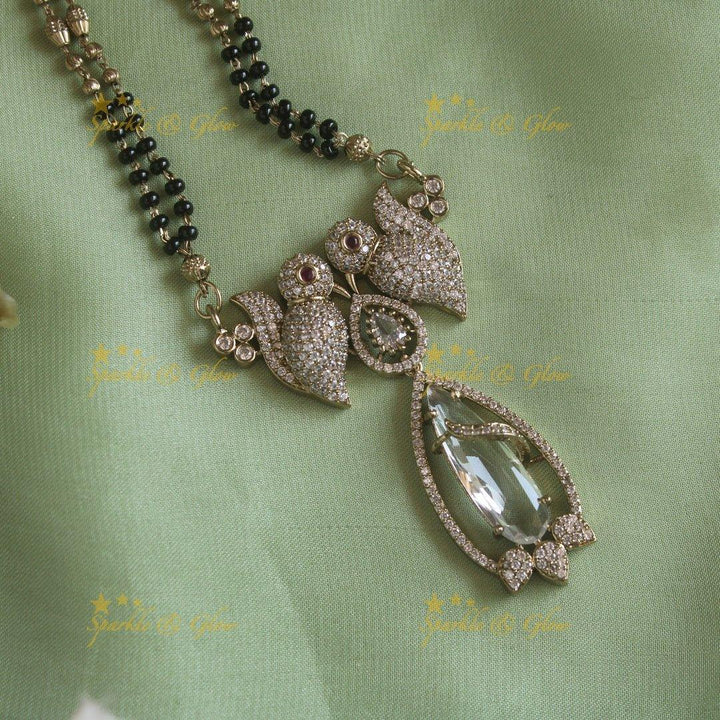 Elegant Parrot design oval stone pendant black beads necklace, mangalsutra - mint green - Sparkle and Glow